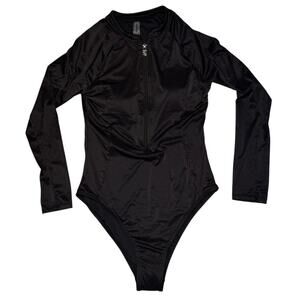 bebe Ribbed Long Sleeve Scuba Zip Up One Piece Swimsuit Sz L